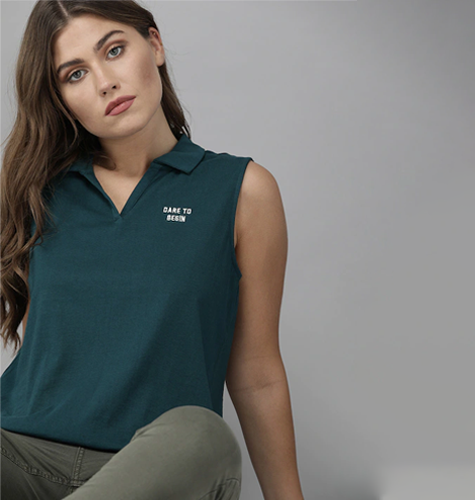 Women Blue Solid Sleeveless Polo Collar Pure Cotton T-shirt